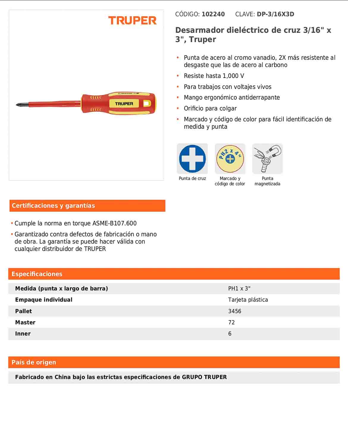 Desarmador dieléctrico de cruz de PH1 x 3