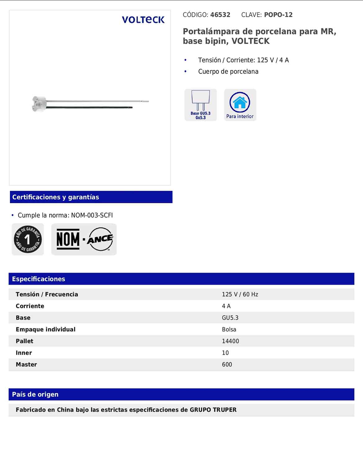 Portalámpara de porcelana para MR con base bipin