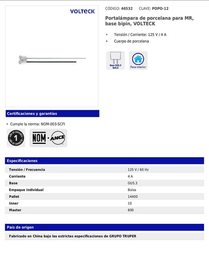Portalámpara de porcelana para MR con base bipin