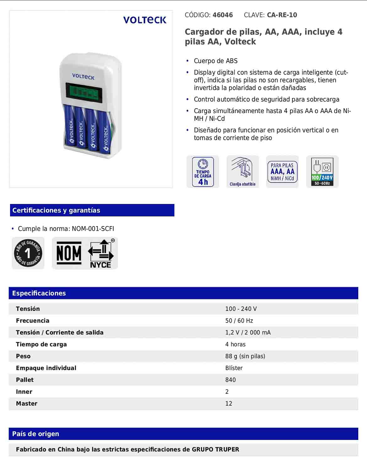 Cargador de pilas AA y AAA con display digital e incluye 4 pilas AA