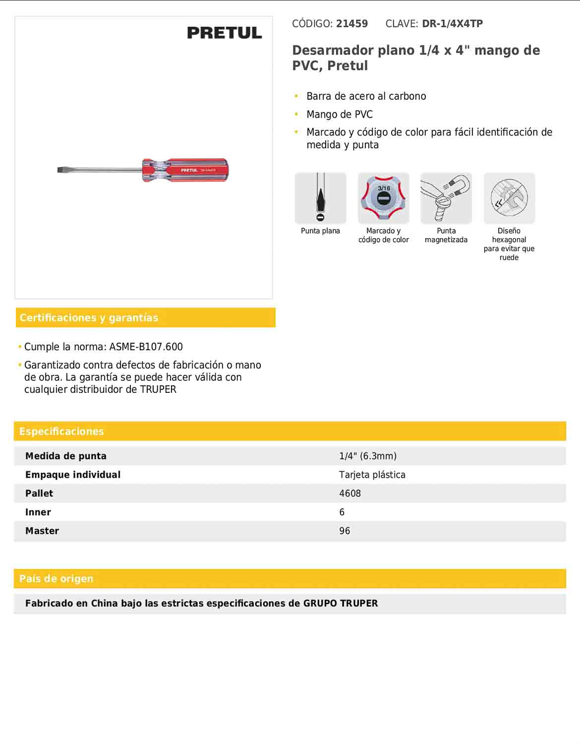 Desarmador plano de 1/4 x 4 con mango de PVC