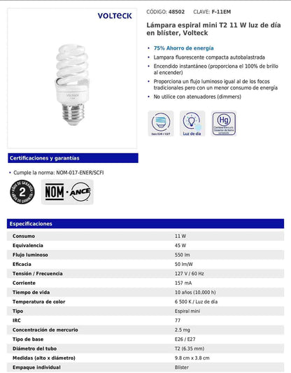 Lámpara espiral mini T2 de 11 W con luz de día