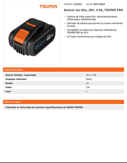 Batería de ion litio de 20 V con capacidad de 4 Ah