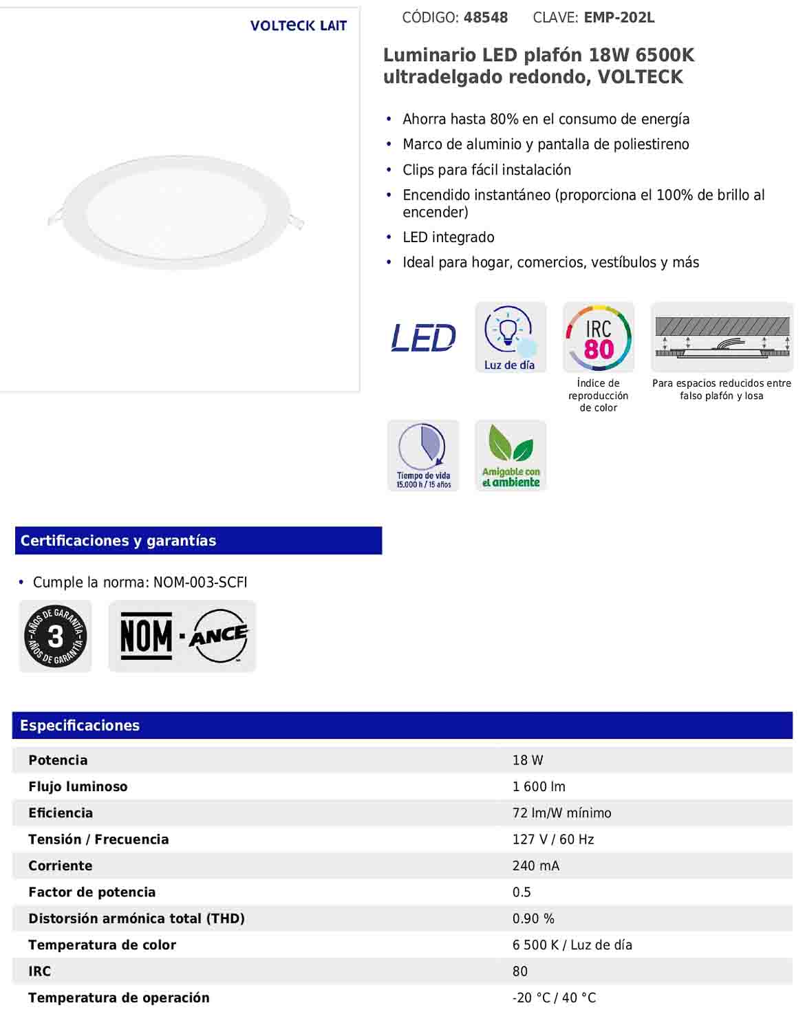 Luminario LED plafón de 18 W con luz de día ultradelgado redondo