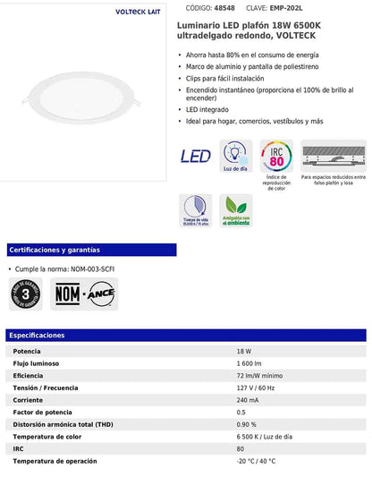 Luminario LED plafón de 18 W con luz de día ultradelgado redondo
