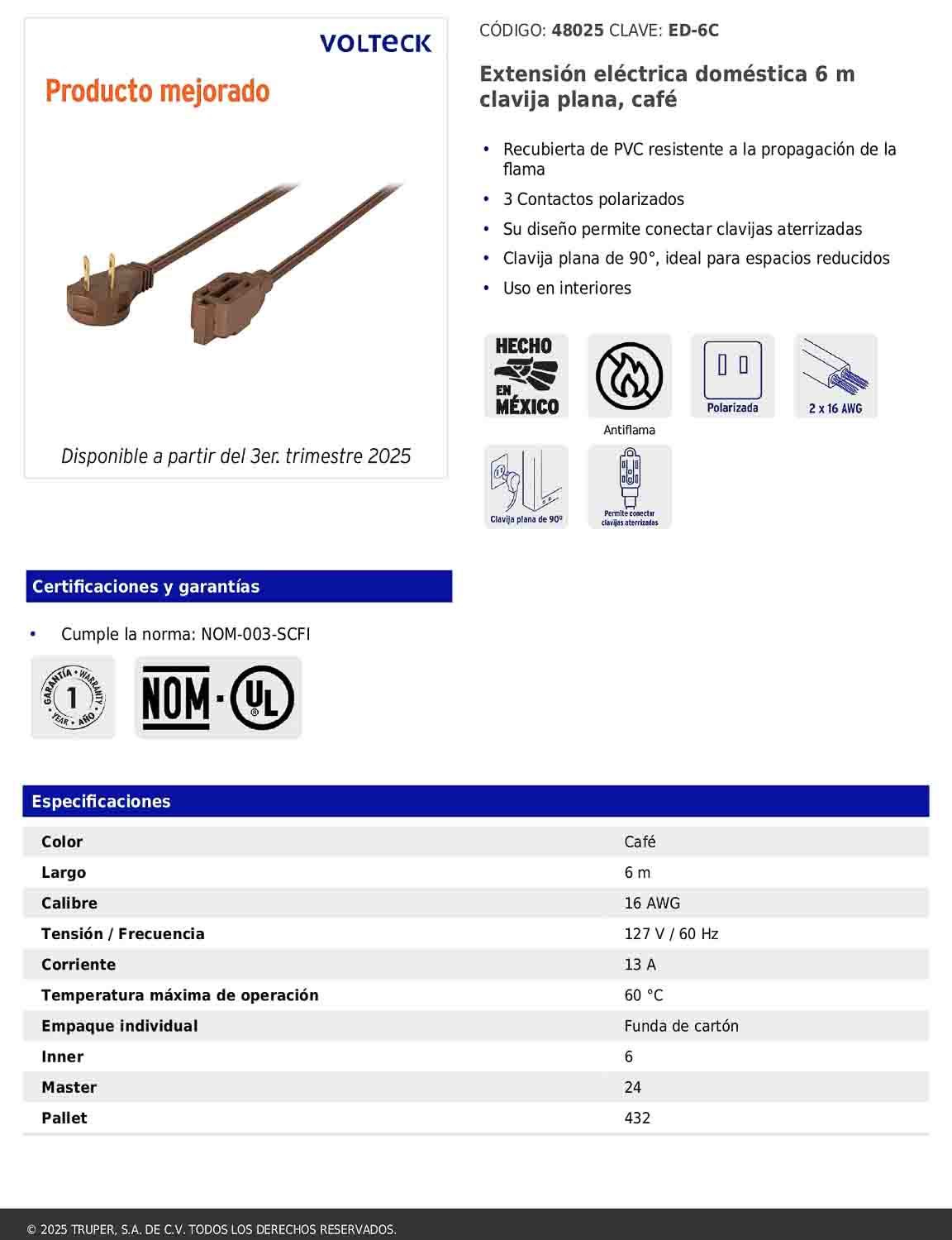 Extensión eléctrica doméstica de 6 m con clavija plana café