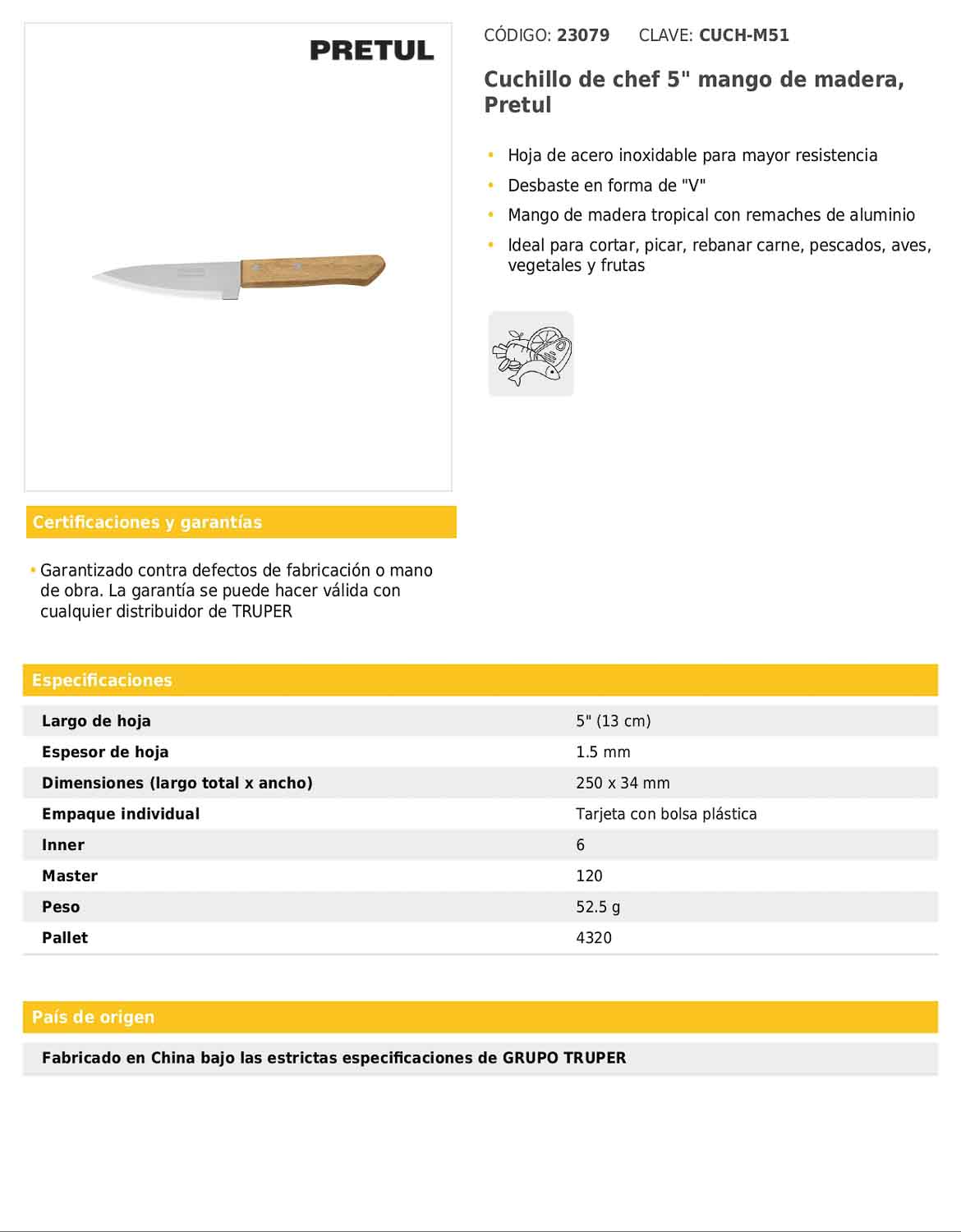 Cuchillo de chef de 5 pulgadas con mango de madera