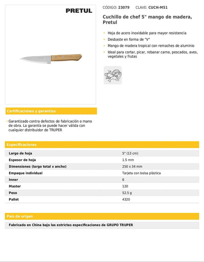 Cuchillo de chef de 5 pulgadas con mango de madera