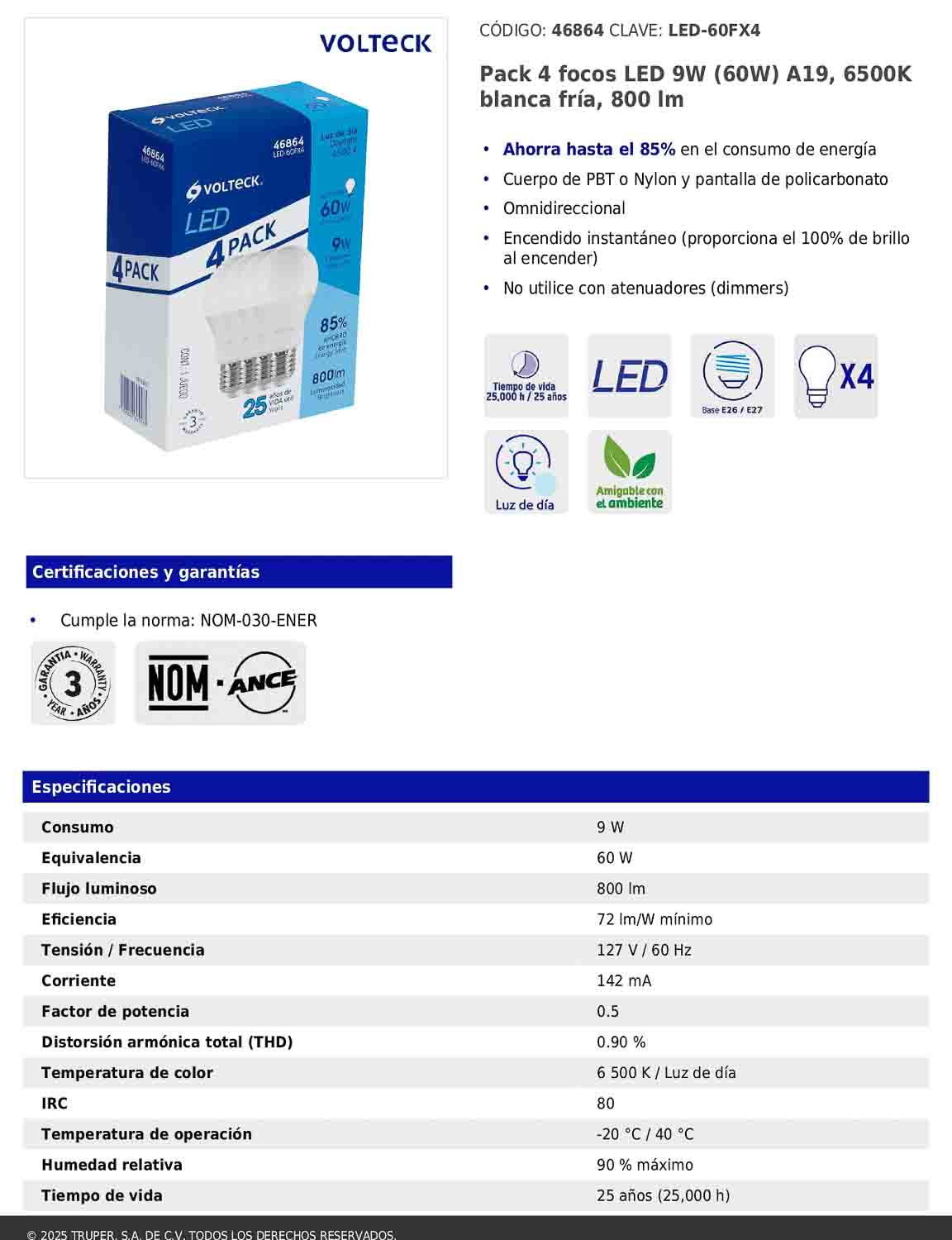 Pack de 4 focos LED 9W A19 6500K blanca fría 800 lm