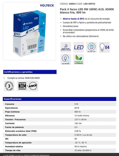 Pack de 4 focos LED 9W A19 6500K blanca fría 800 lm