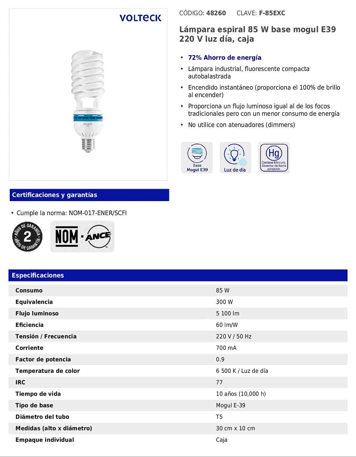 Lámpara espiral de 85 W con base E39 y luz de día