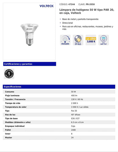 Lámpara halógena PAR20 de 50 W con luz cálida