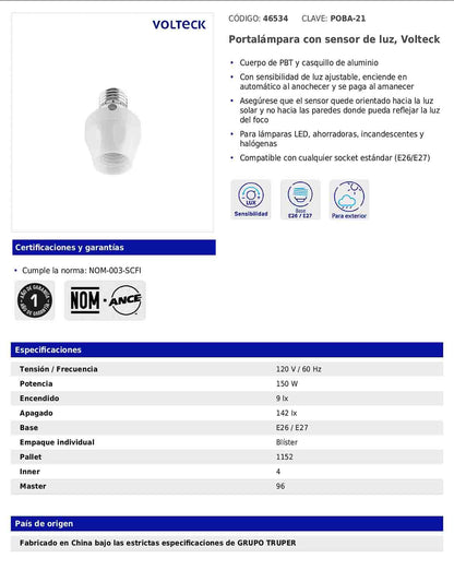 Portalámpara con sensor de luz de 120 V con sensibilidad ajustable Volteck