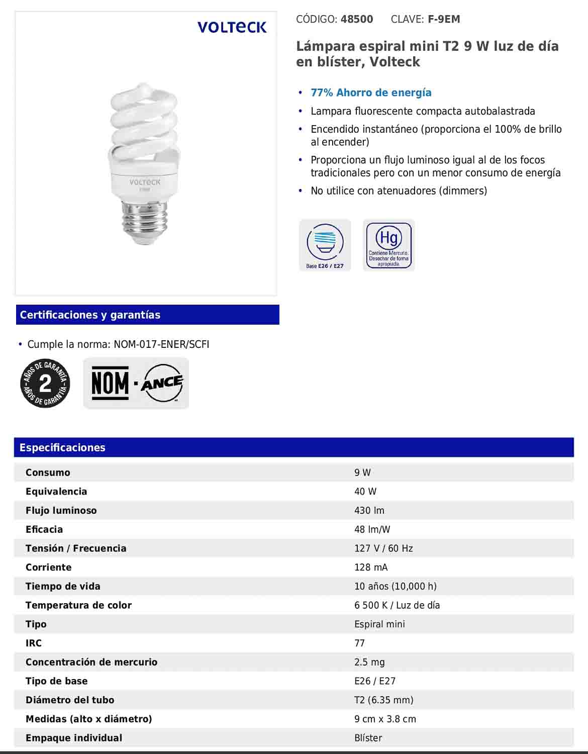 Lámpara espiral mini T2 de 9 W con luz de día