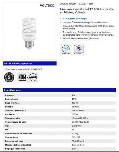 Lámpara espiral mini T2 de 9 W con luz de día
