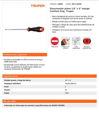 Desarmador plano de 1/4 con barra de 15.24 cm y mango Comfort Grip