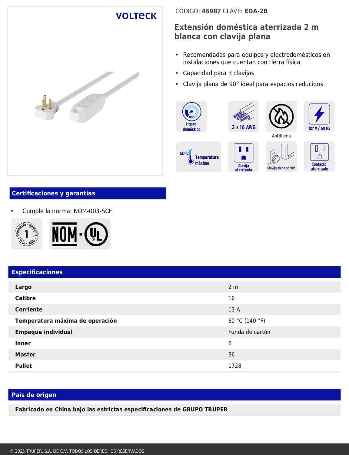 Extensión doméstica aterrizada de 2 m con clavija plana blanca