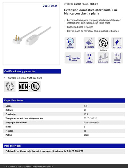 Extensión doméstica aterrizada de 2 m con clavija plana blanca