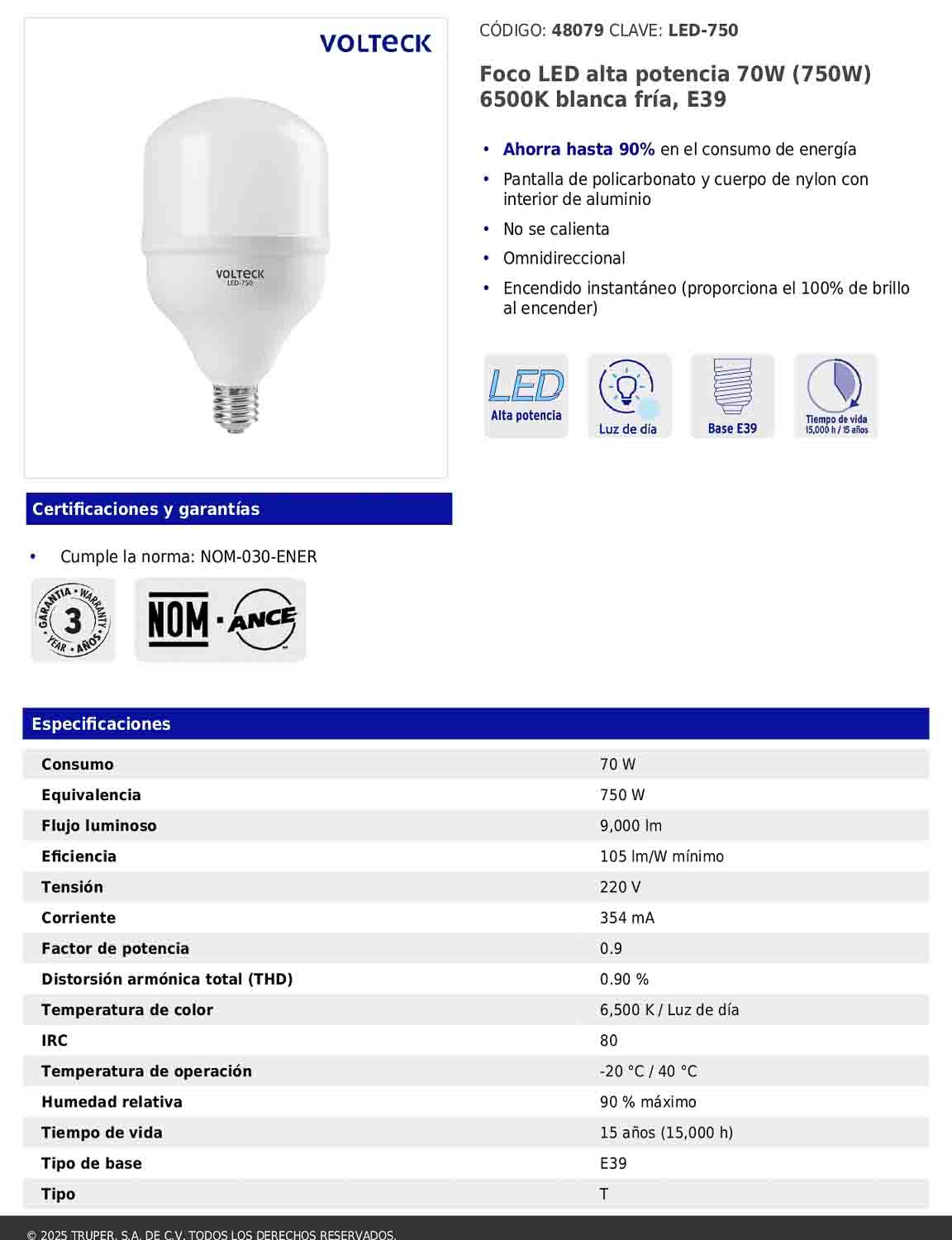 Foco LED de alta potencia de 70W con luz fría