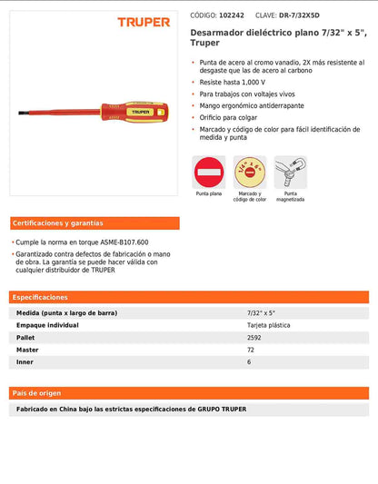 Desarmador dieléctrico plano de 7/32 x 5