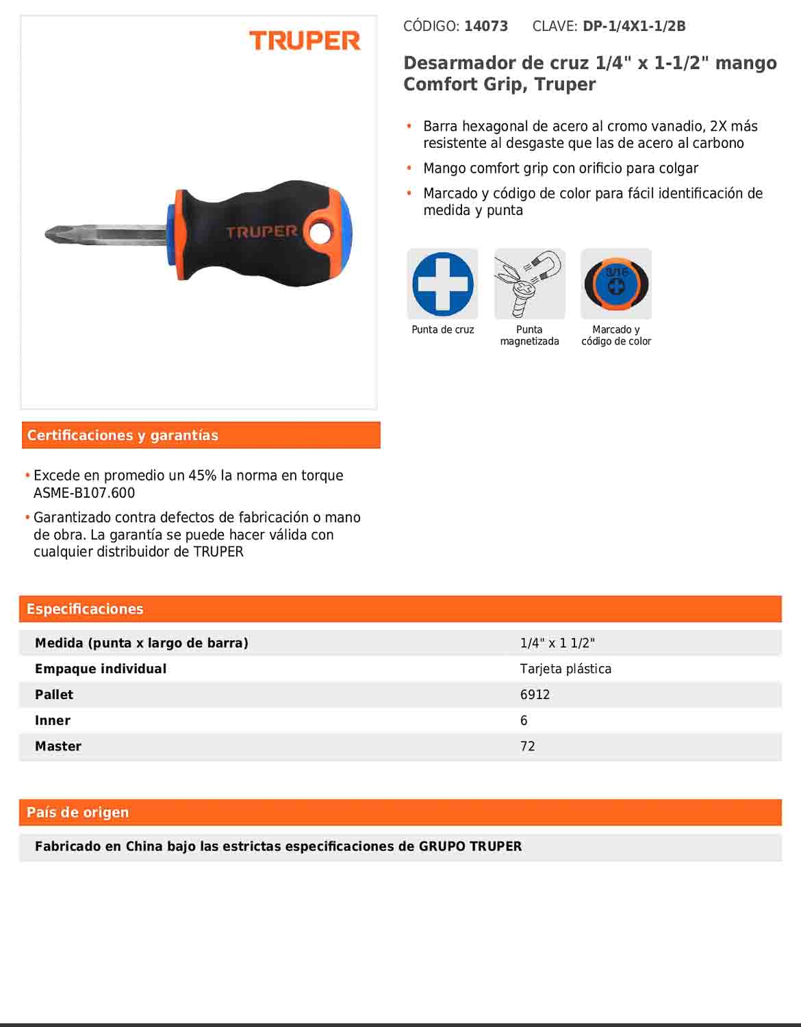 Desarmador de cruz de 1/4 con barra de 3.81 cm y mango Comfort Grip
