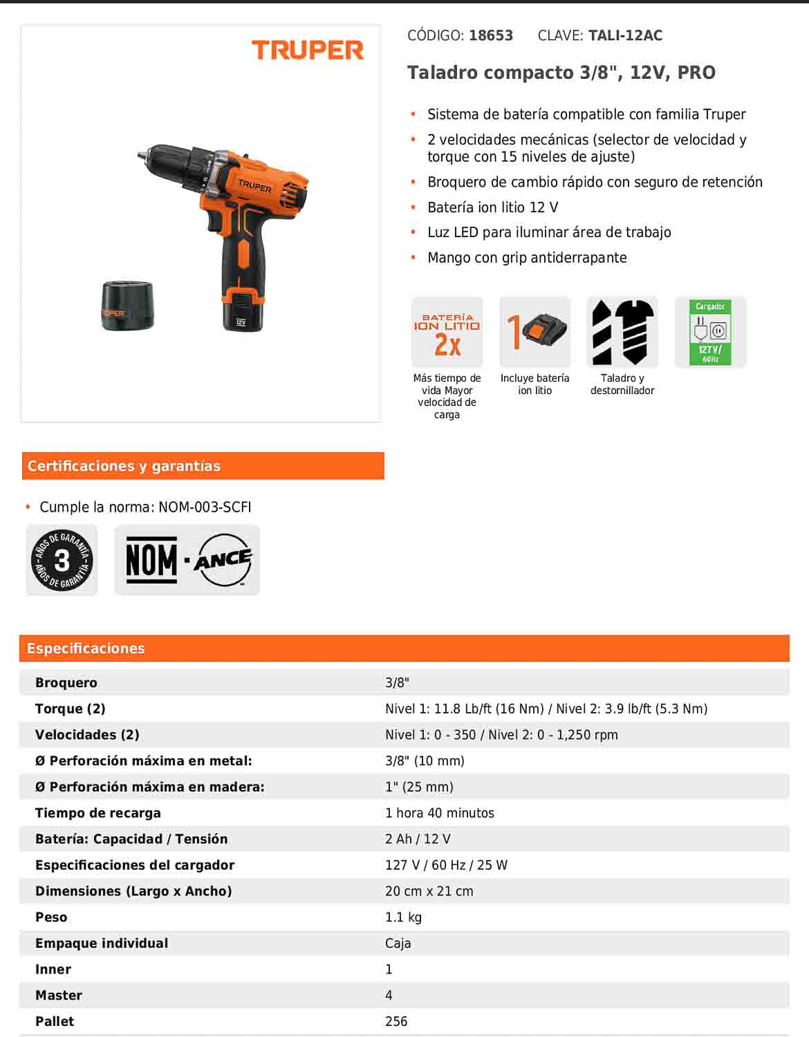 Taladro compacto inalámbrico de 3/8 in con batería 12 V y dos velocidades