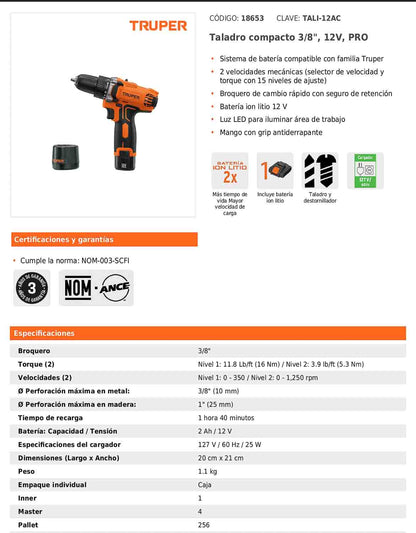 Taladro compacto inalámbrico de 3/8 in con batería 12 V y dos velocidades