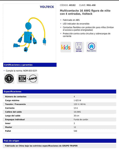 Regleta multicontacto de 4 entradas calibre 16 AWG con figura de niño