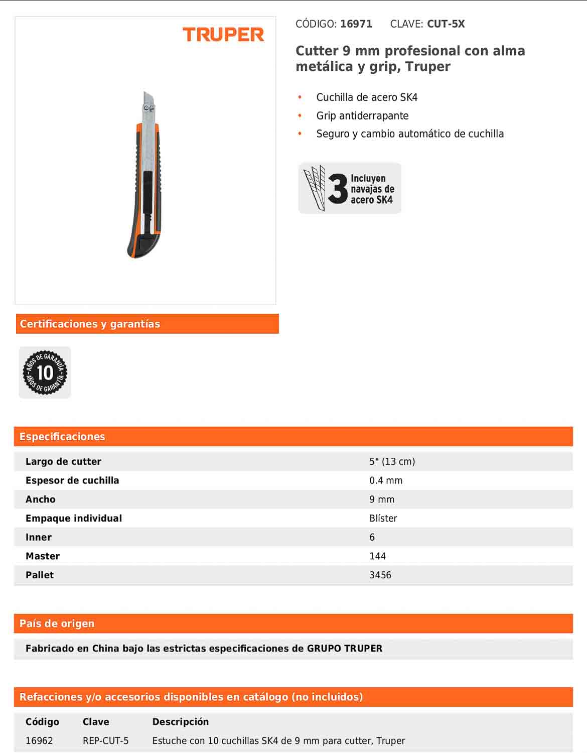 Cutter profesional de 9 mm con alma metálica y grip