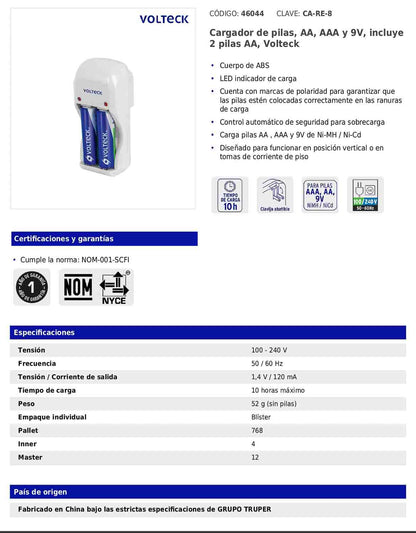 Cargador de pilas AA, AAA y 9V con LED indicador e incluye 2 pilas AA