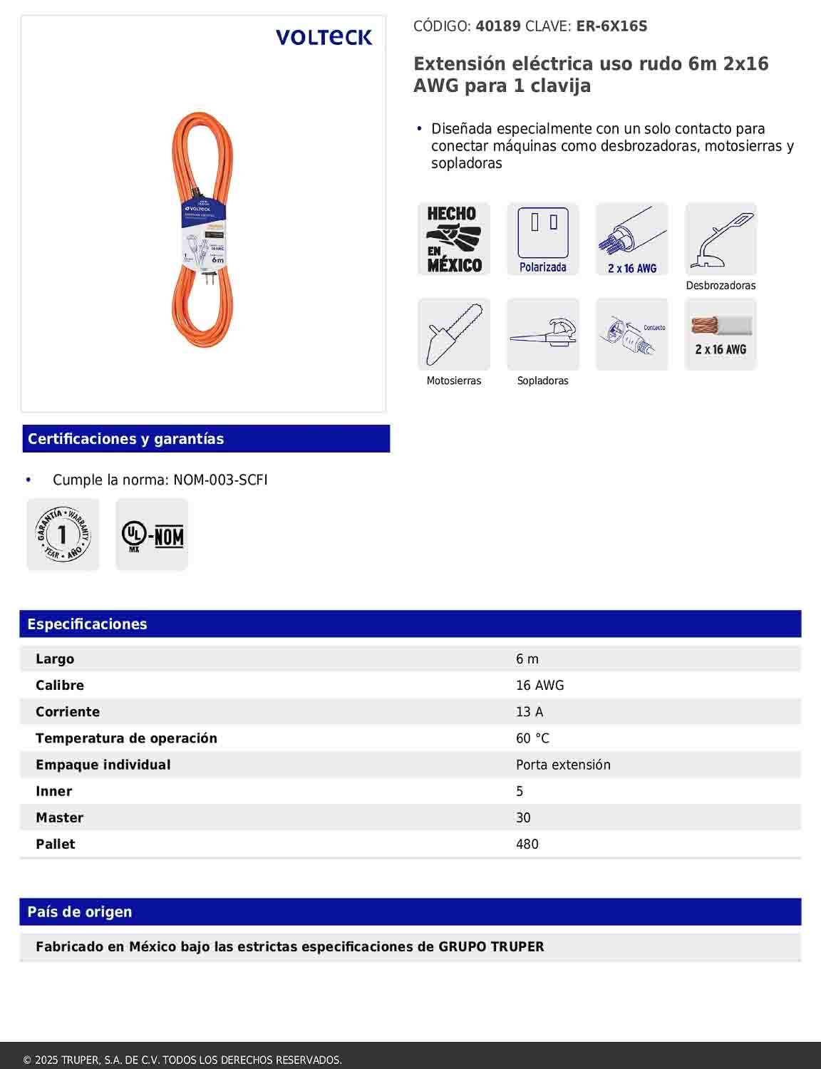 Extensión eléctrica de uso rudo de 6 m con calibre 2x16 AWG para una clavija