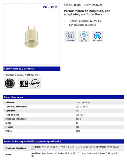 Portalámpara de baquelita con adaptador tipo clavija marfil