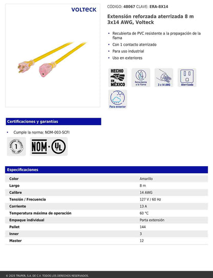 Extensión reforzada aterrizada 8 m 3x14 AWG