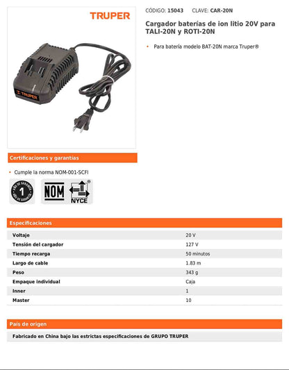 Cargador de baterías de ion litio de 20 V para TALI-20N y ROTI-20N