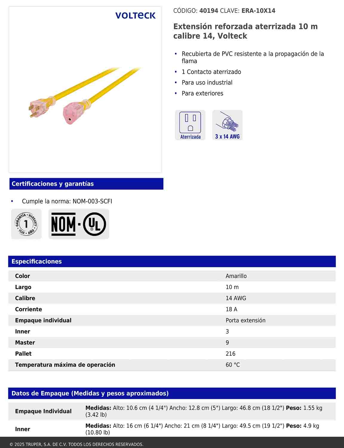 Extensión reforzada aterrizada 10 m calibre 14