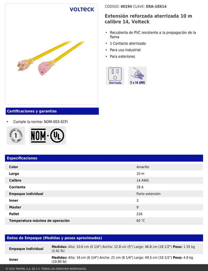 Extensión reforzada aterrizada 10 m calibre 14