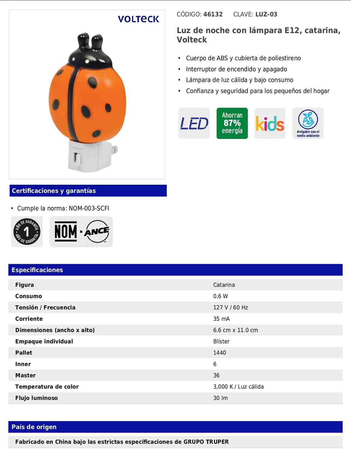 Luz de noche con lámpara E12 con figura de catarina