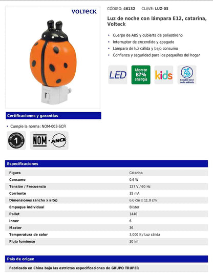 Luz de noche con lámpara E12 con figura de catarina