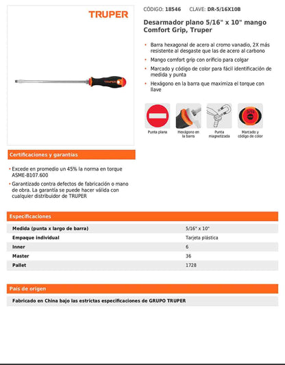 Desarmador plano de 5/16 con barra de 25.4 cm y mango Comfort Grip