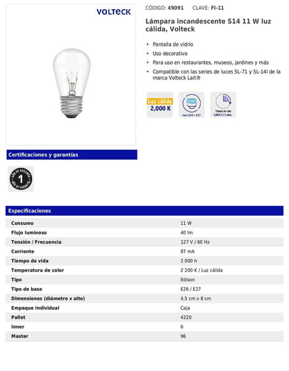 Lámpara incandescente S14 de 11 W con luz cálida