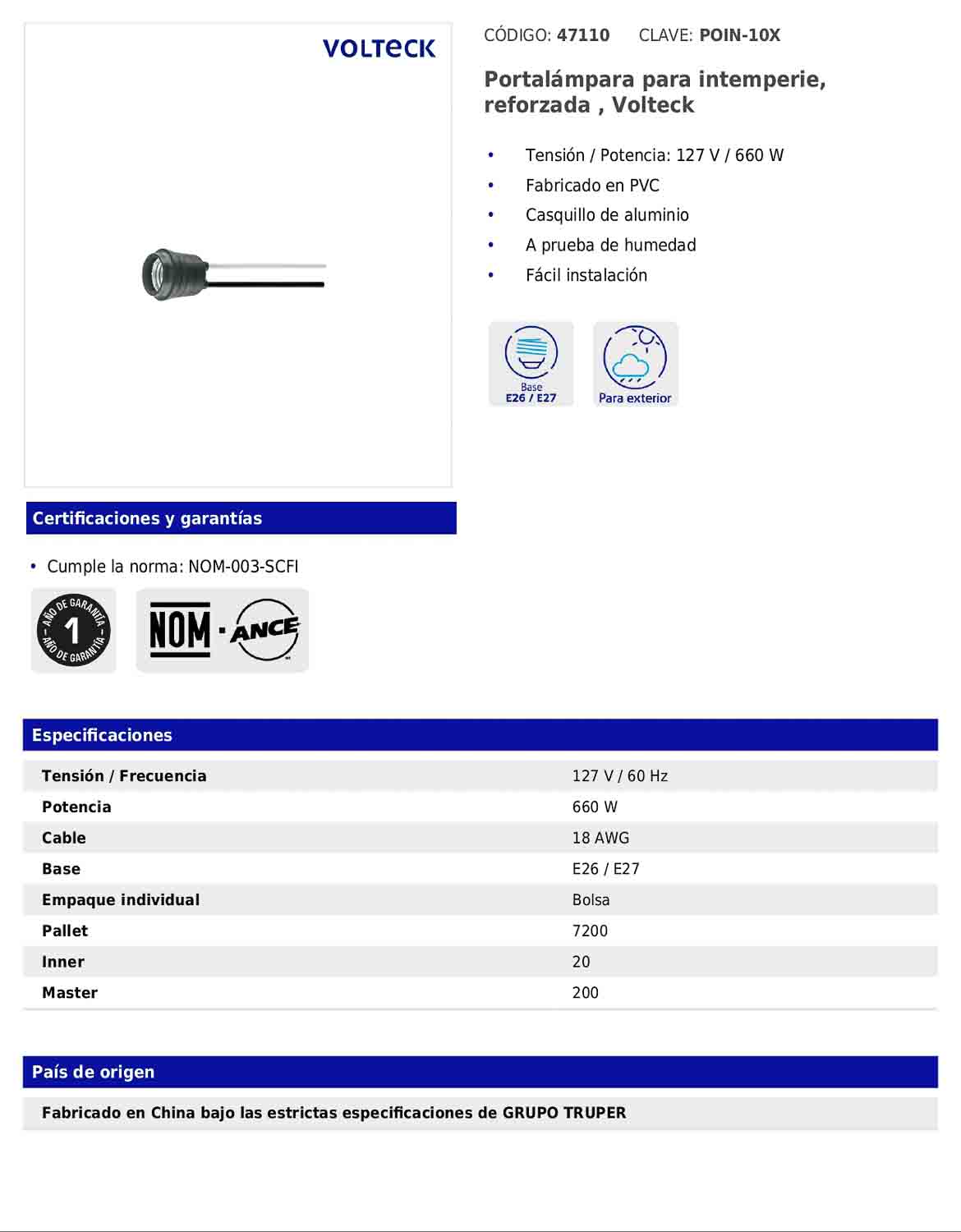 Portalámpara para intemperie reforzada de 127 V y 660 W