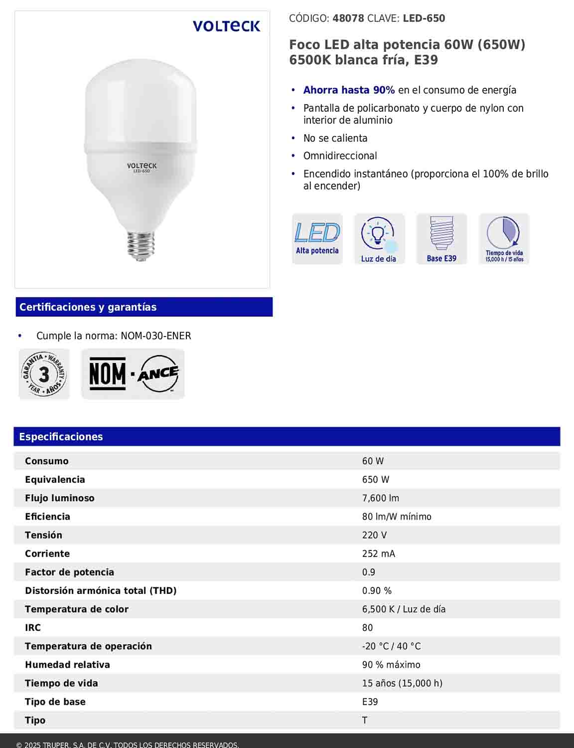 Foco LED de alta potencia de 60W con luz fría