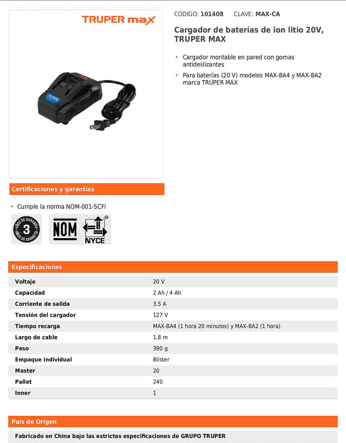Cargador de baterías de ion litio de 20 V
