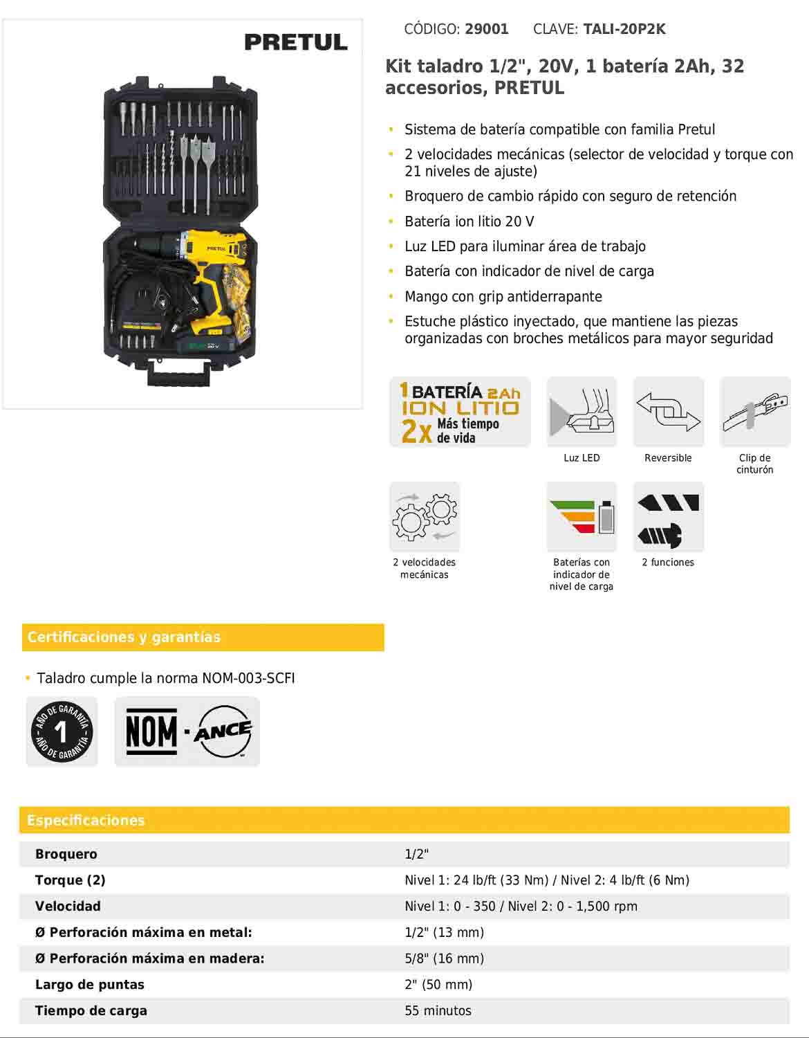 Kit de taladro inalámbrico de 1/2 in con batería 20 V y 32 accesorios