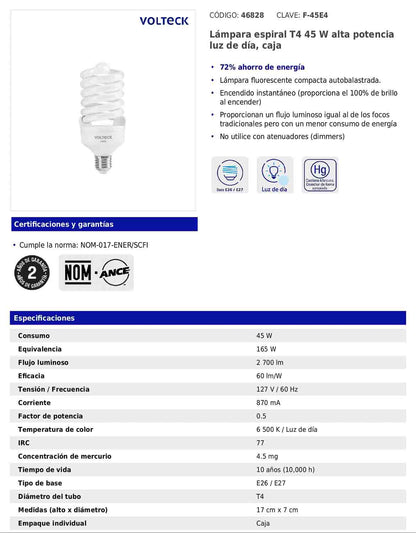 Lámpara espiral T4 de 45 W con luz de día