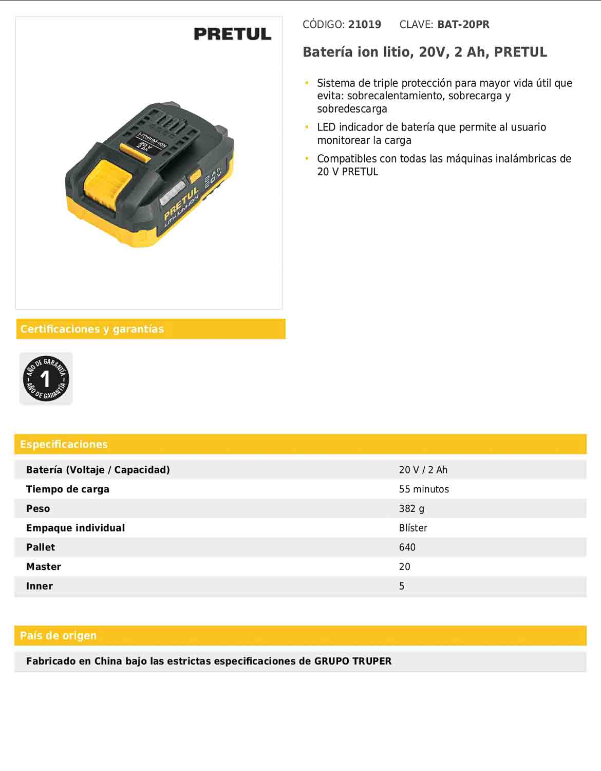 Batería de ion litio de 20 V con capacidad de 2 Ah