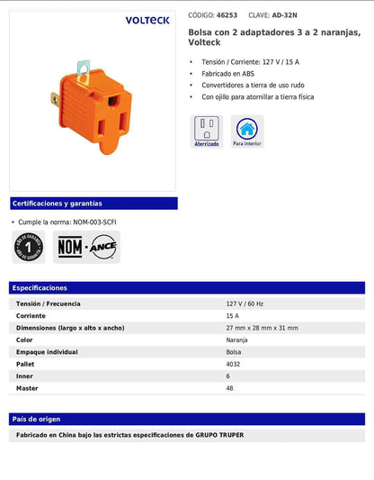 Bolsa con 2 adaptadores de 3 a 2 naranjas con ojillo para tierra física