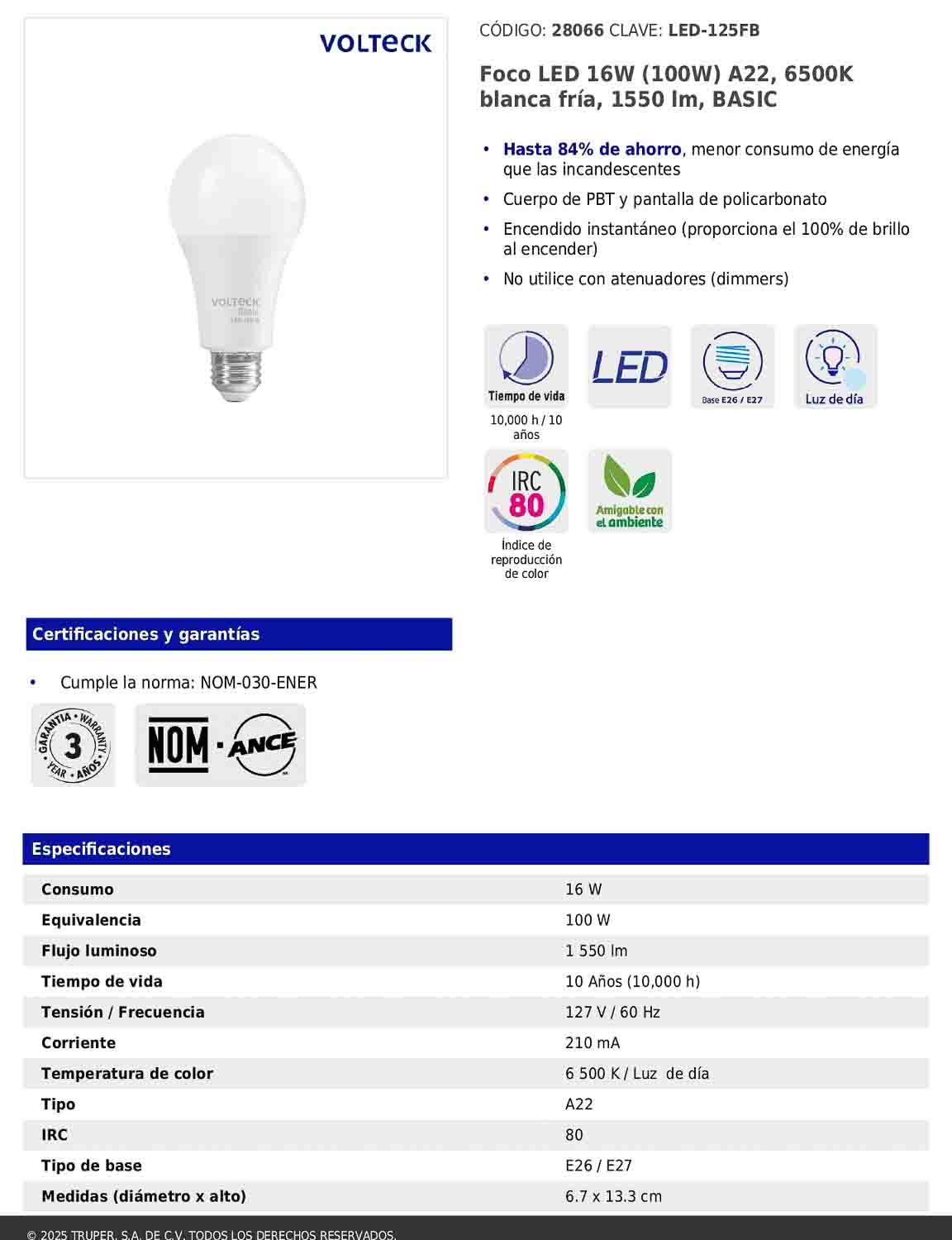 Foco LED 16W A22 6500K blanca fría 1550 lm BASIC