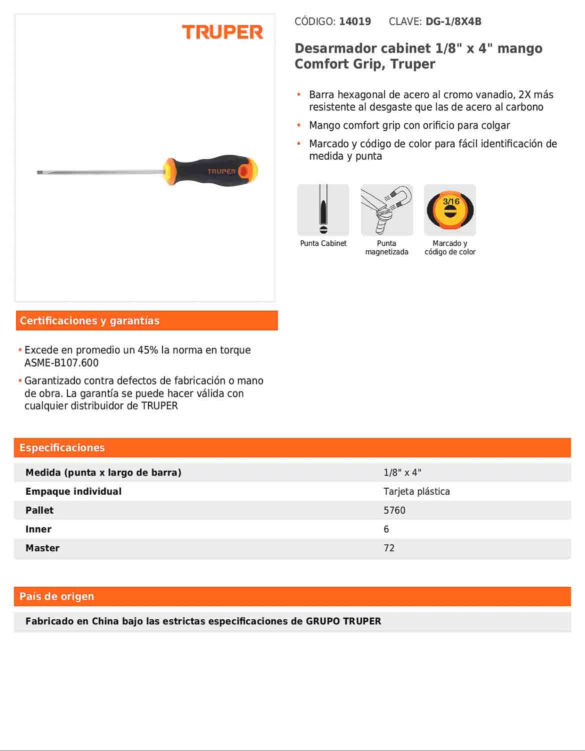 Desarmador cabinet de 1/8 con barra de 10.16 cm y mango Comfort Grip