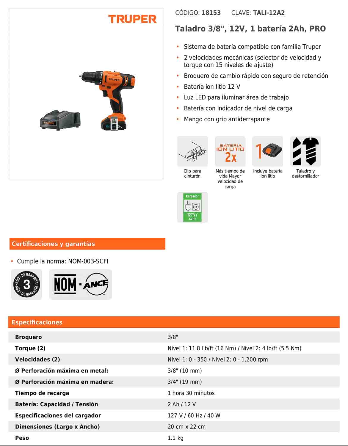 Taladro inalámbrico de 3/8 in con batería 12 V y dos velocidades